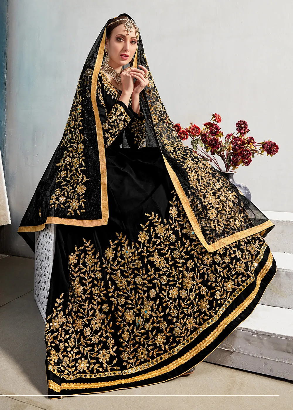 Black Stone & Mirror Work Embroidered Anarkali Suit