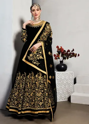 Black Stone & Mirror Work Embroidered Anarkali Suit