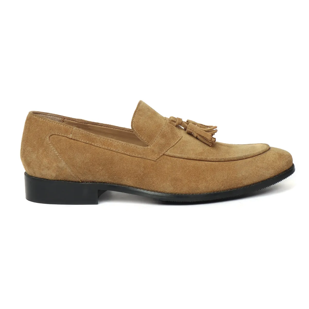 Camel Suede Leather Apron Toe Tassel Slip-ons by Brune & Bareskin