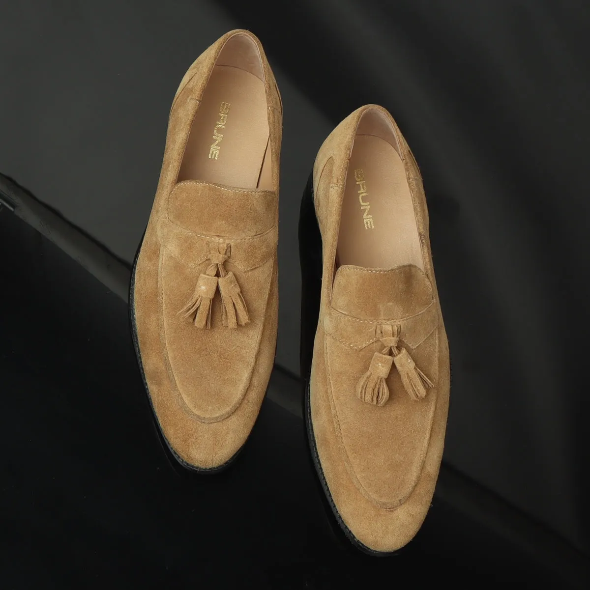 Camel Suede Leather Apron Toe Tassel Slip-ons by Brune & Bareskin