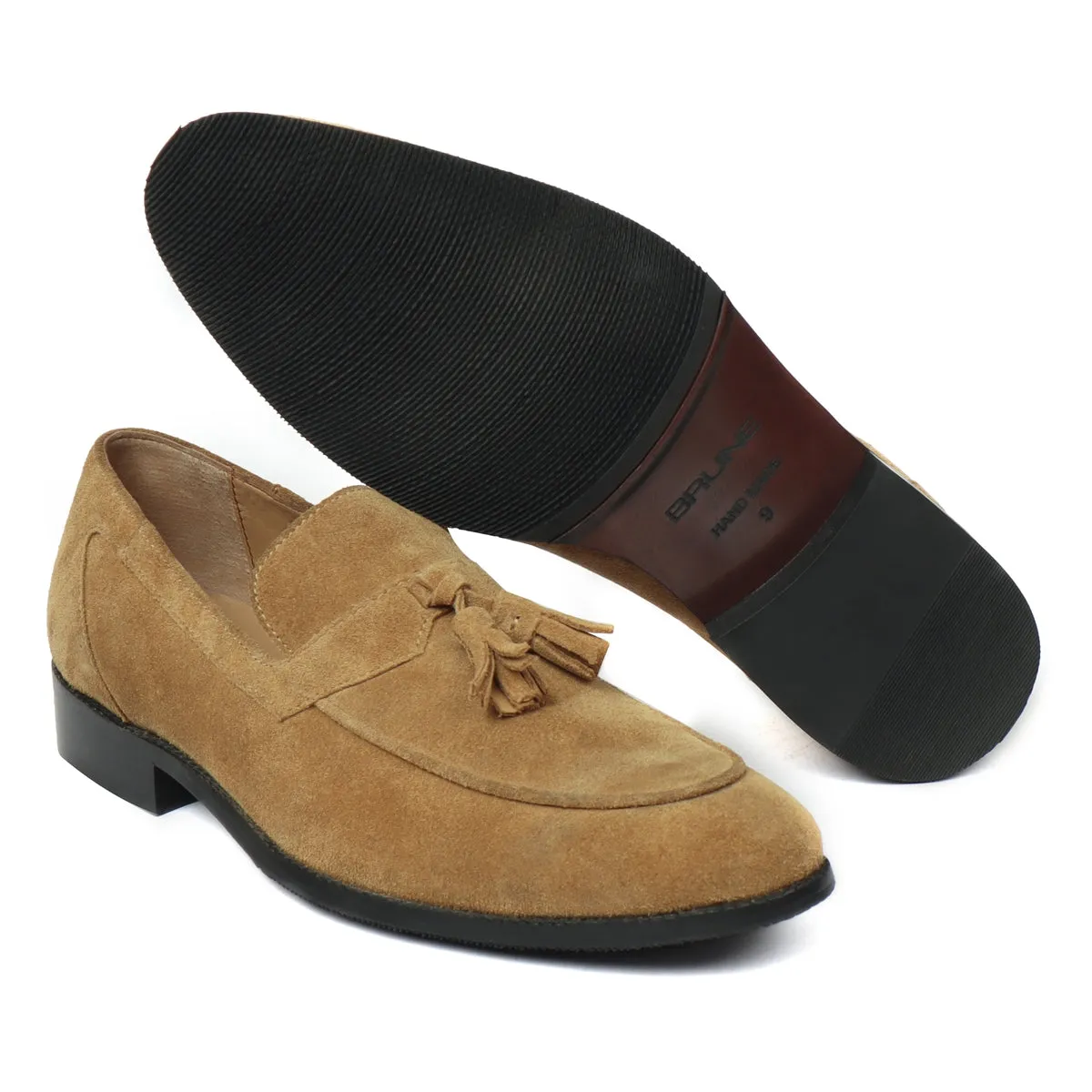 Camel Suede Leather Apron Toe Tassel Slip-ons by Brune & Bareskin