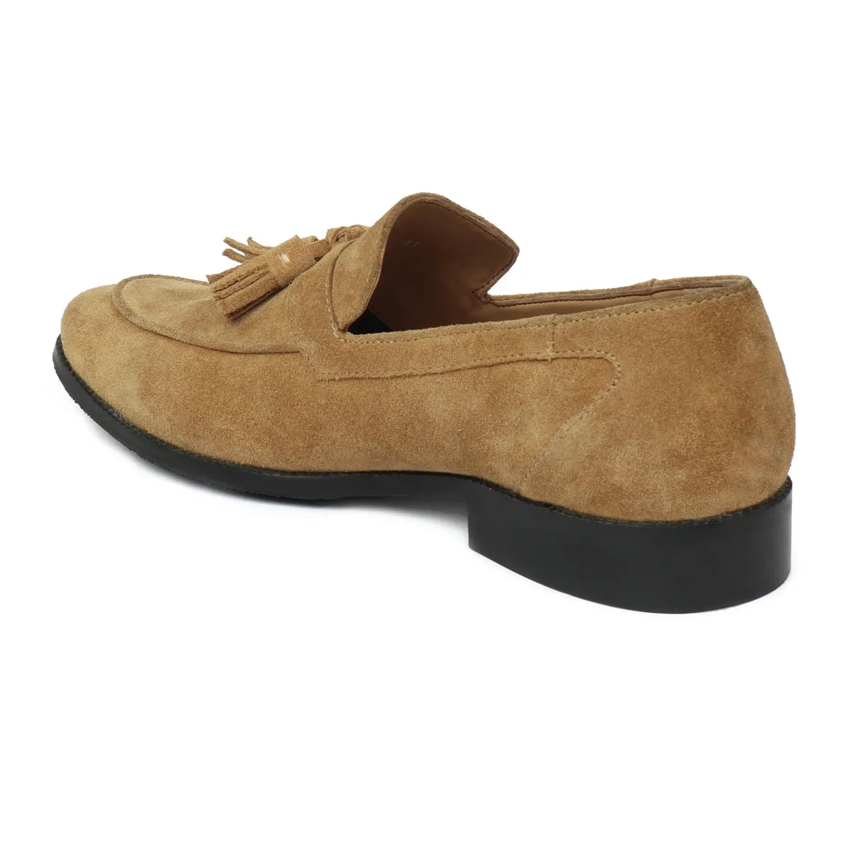 Camel Suede Leather Apron Toe Tassel Slip-ons by Brune & Bareskin