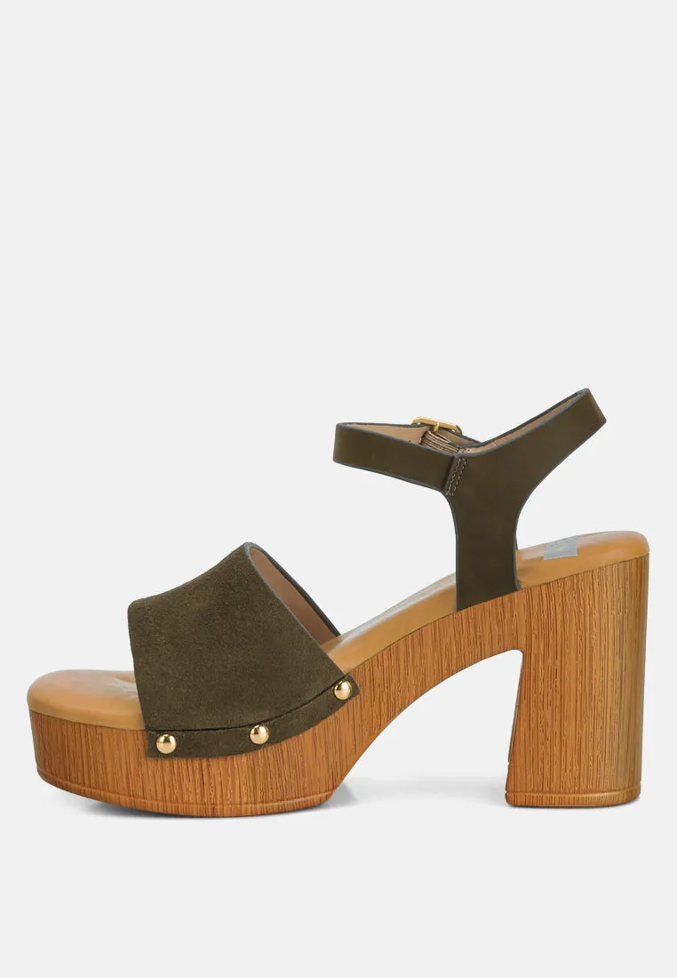 Daniela Suede High Block Sandals In Olive Green