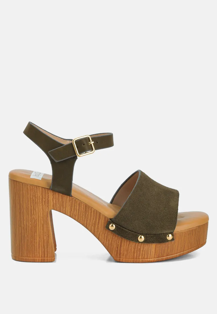 Daniela Suede High Block Sandals In Olive Green