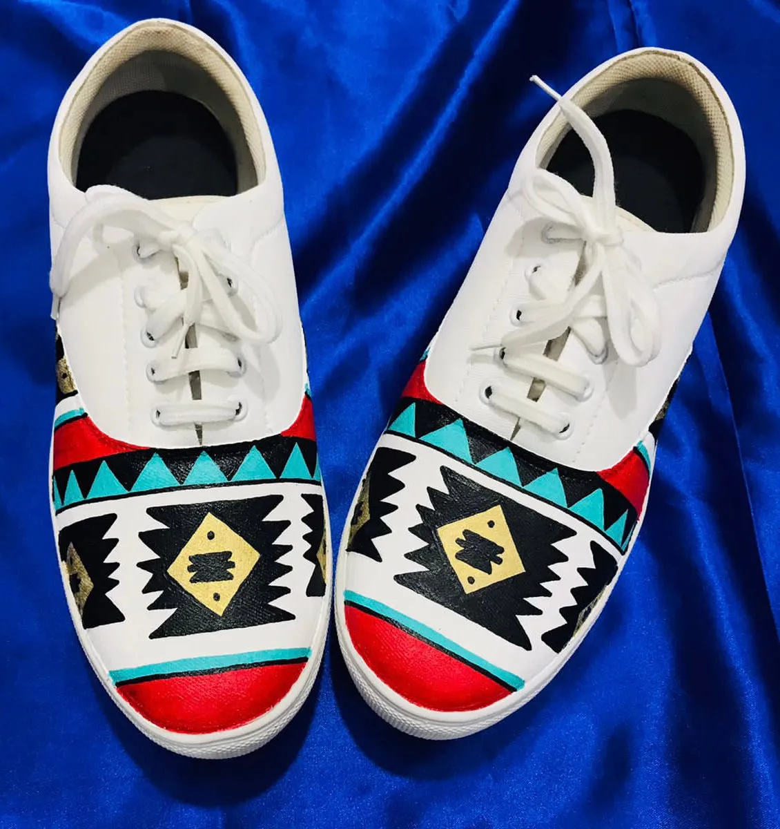 Funky N Trendy hand painted water resistant AZTEC  theme WHITE shoes