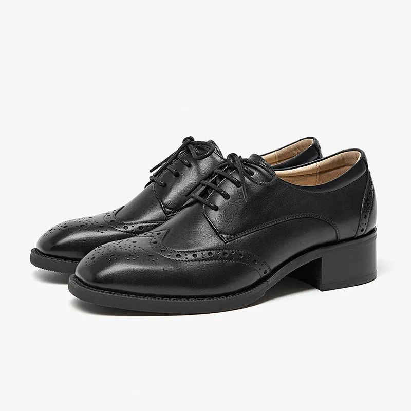 Handmade Brush-off Women'S Genuine Leather Wingtip Shoes Square Toe Lace Up Oxford Brogues In Black/Brown