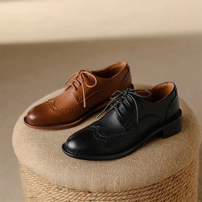 Handmade Wingtip Shoes Women'S Genuine Leather Lace Up Brogues in Black/Brown