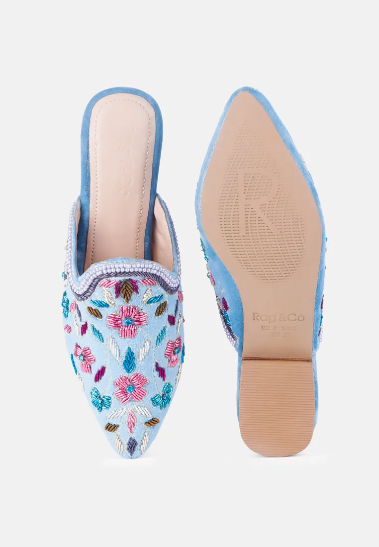 MARCELLA Blue Embroidered Mules