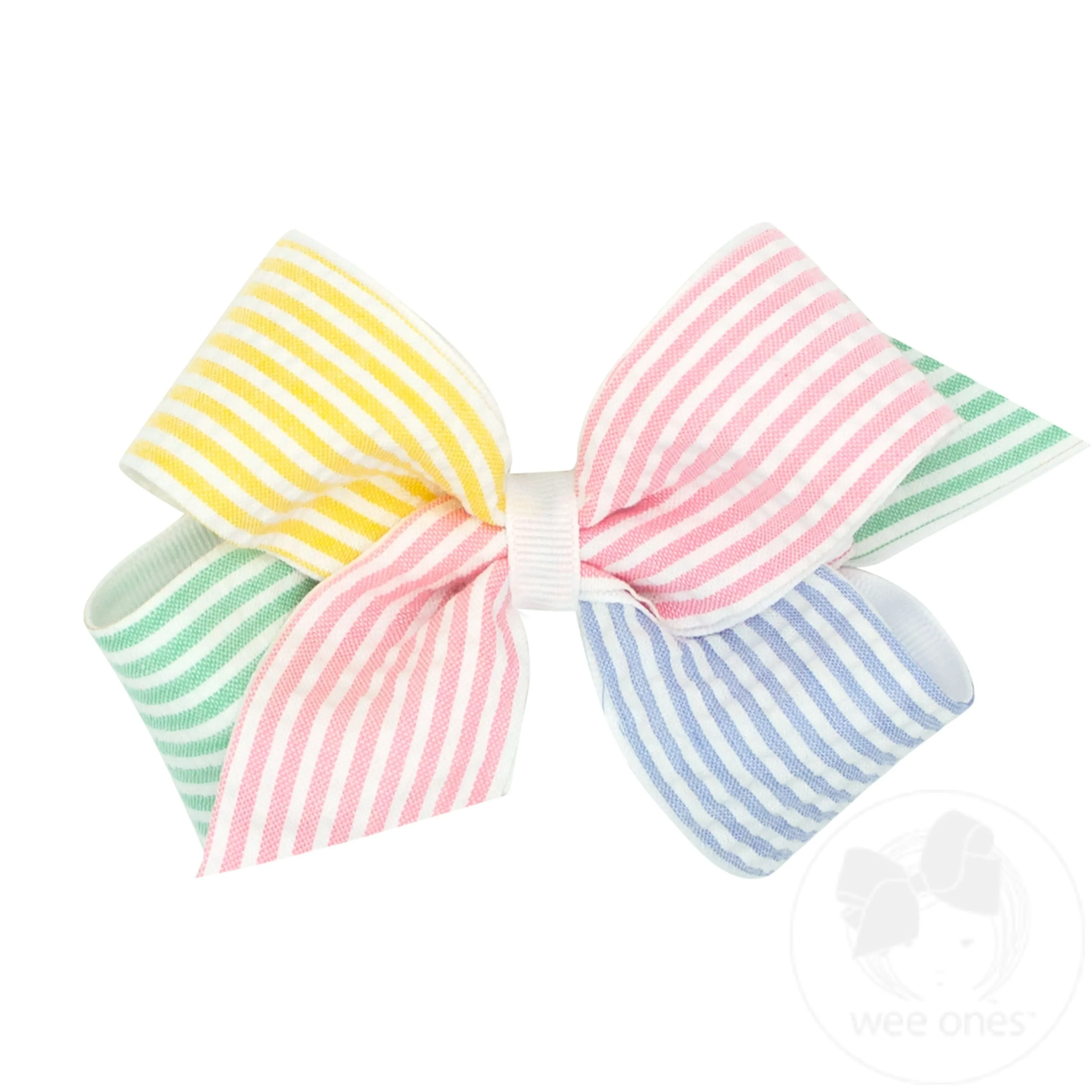 Medium Color Block Seersucker and Grosgrain Overlay Hair Bow