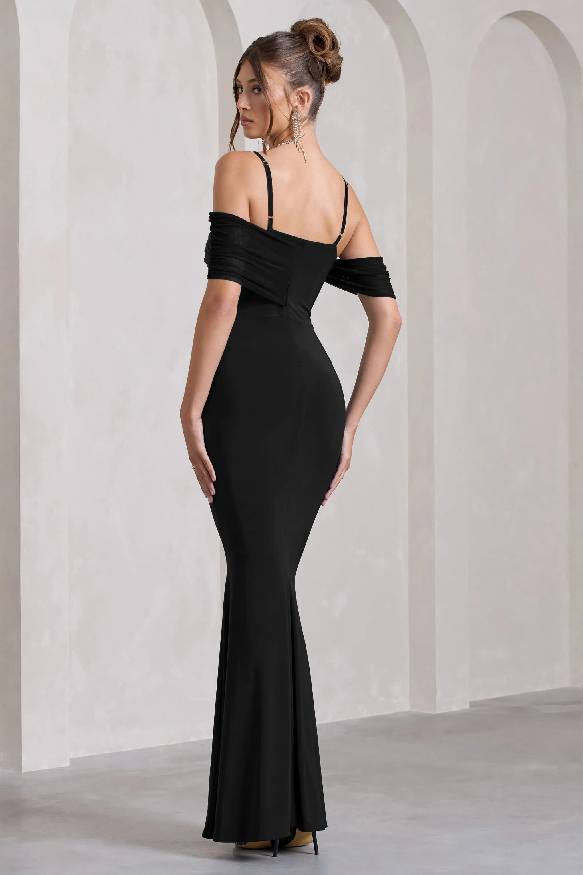 Miracle | Black Strappy Mesh Bardot Maxi Dress