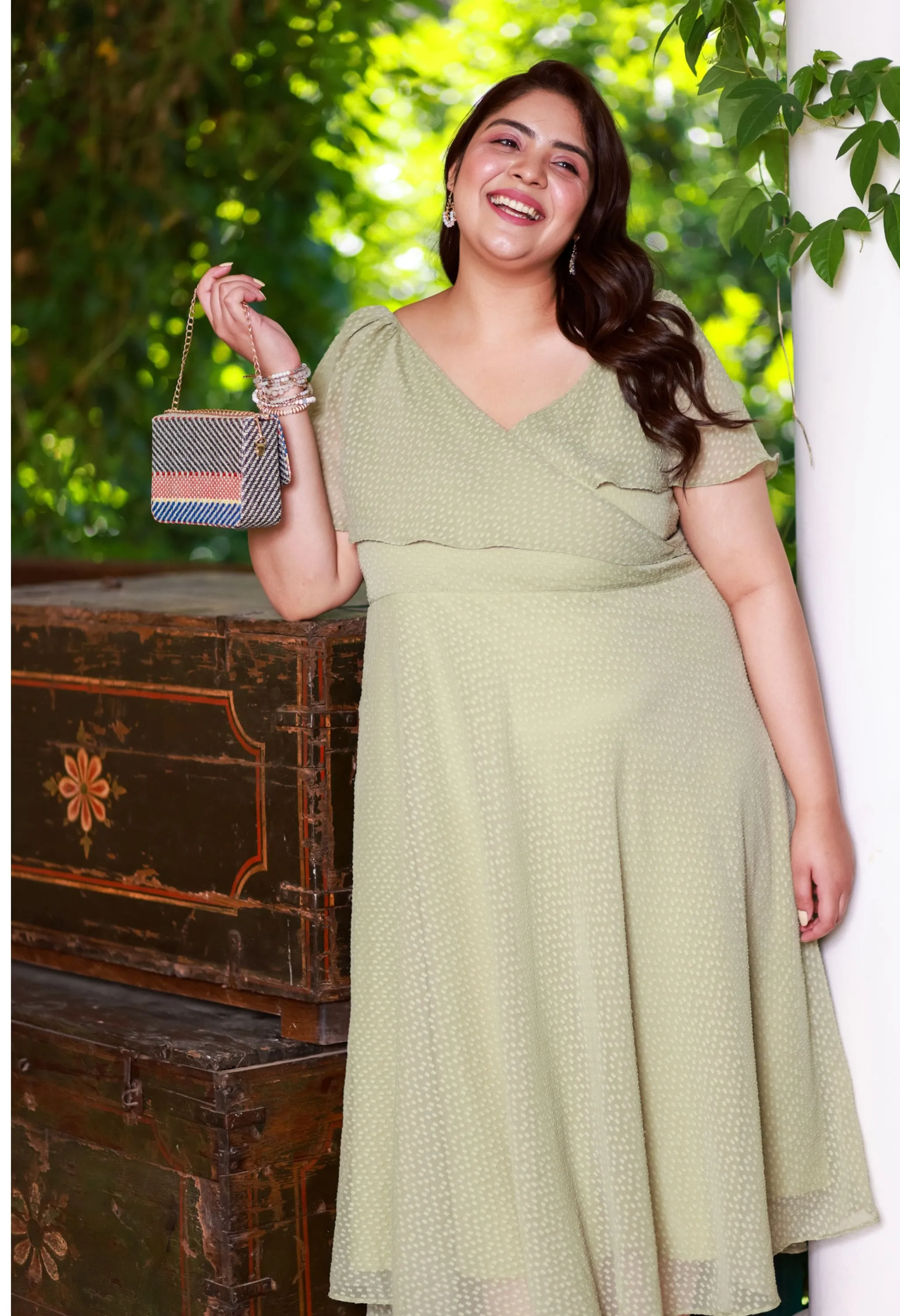 Plus Size Soothing Green Refreshing Drop Neckline Dress