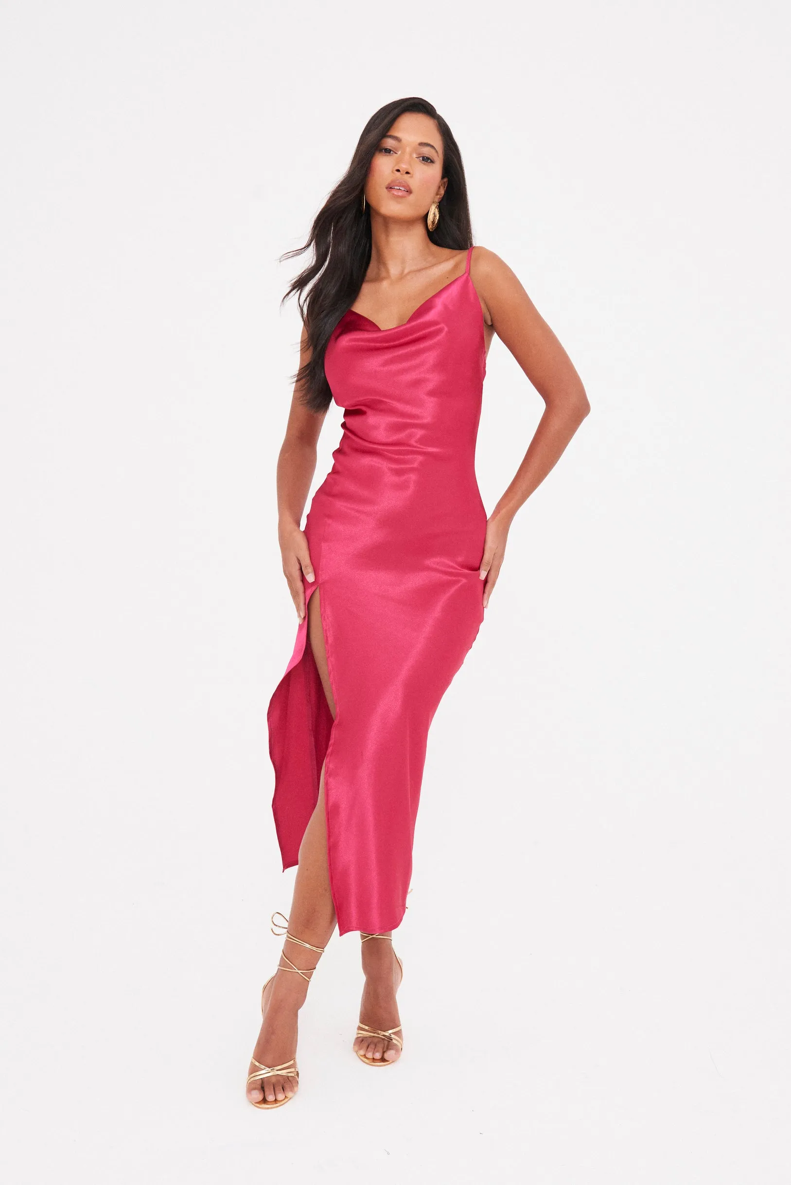 SATIN COWL NECK  MIDAXI DRESS