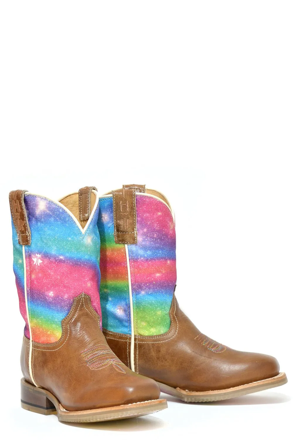 Tin Haul Kids Girls Rainbow Sparkles Brown Leather Cowboy Boots 9