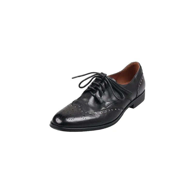 Wingtip Oxfords Women's Genuine Leather Lace Up Full Brogues Rivet-embellishment in Black/Brown