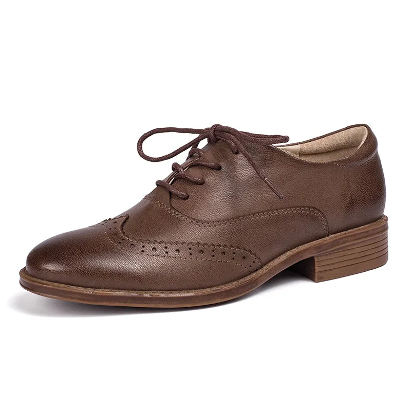 Women Wingtip Shoes Handmade Sheepskin Brogues/Oxfords Low Heel Elegant Coffee/Black (better suited for thin feet)