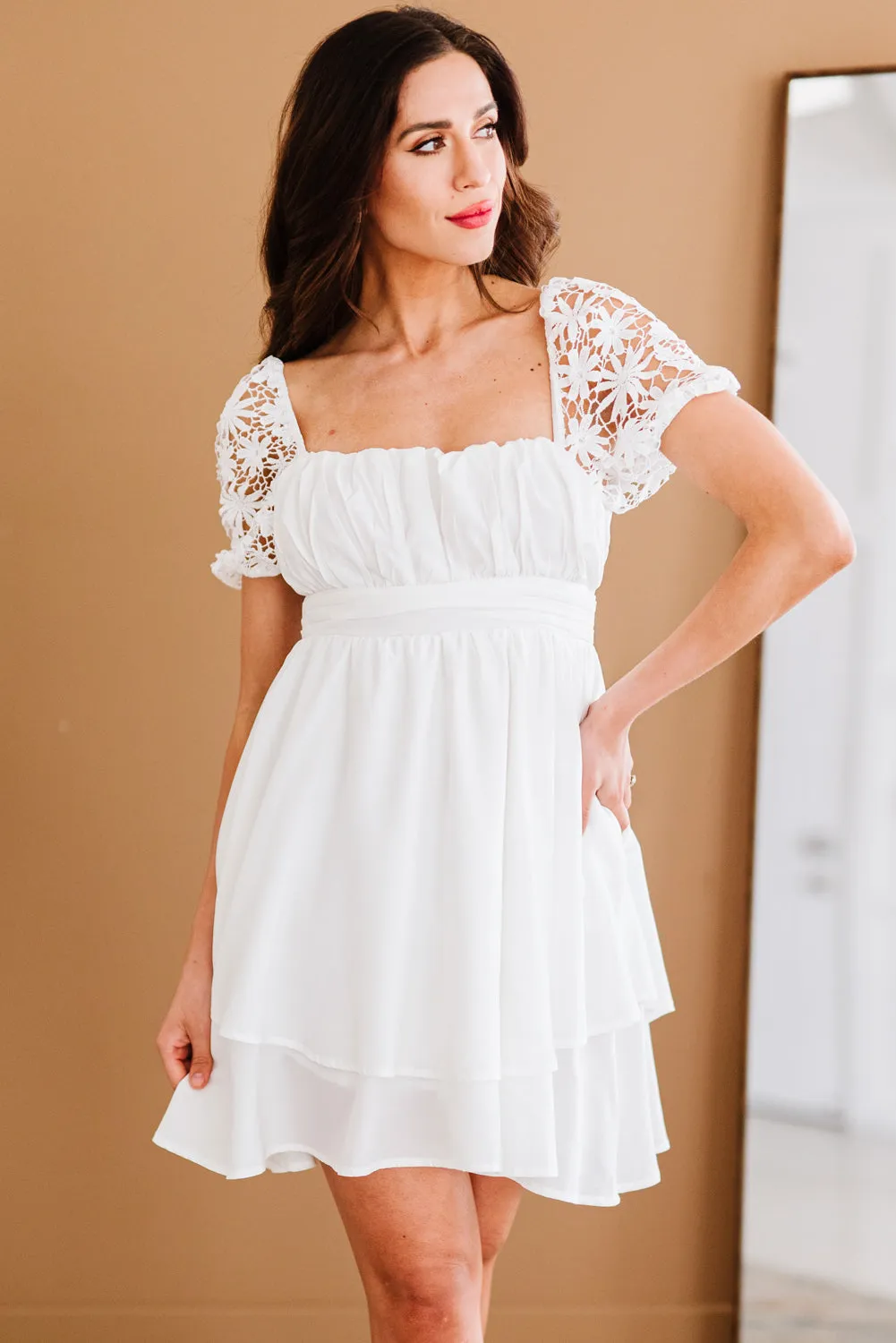 Women's Summer Mini Puff Sleeve Dress Square Neck Lace Ruffle A Line Dress