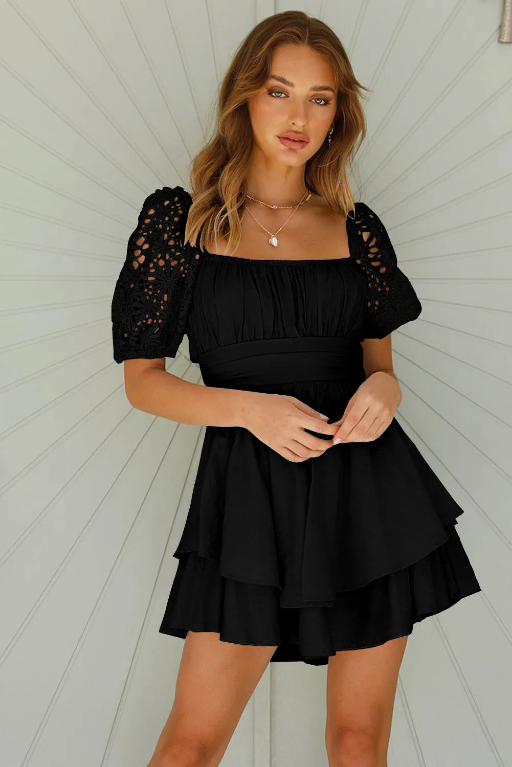 Women's Summer Mini Puff Sleeve Dress Square Neck Lace Ruffle A Line Dress