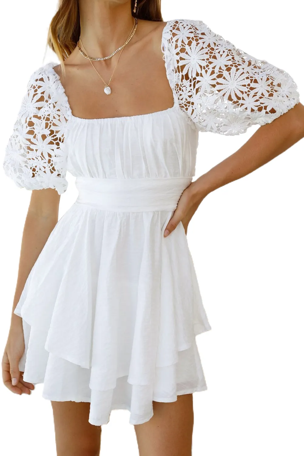 Women's Summer Mini Puff Sleeve Dress Square Neck Lace Ruffle A Line Dress