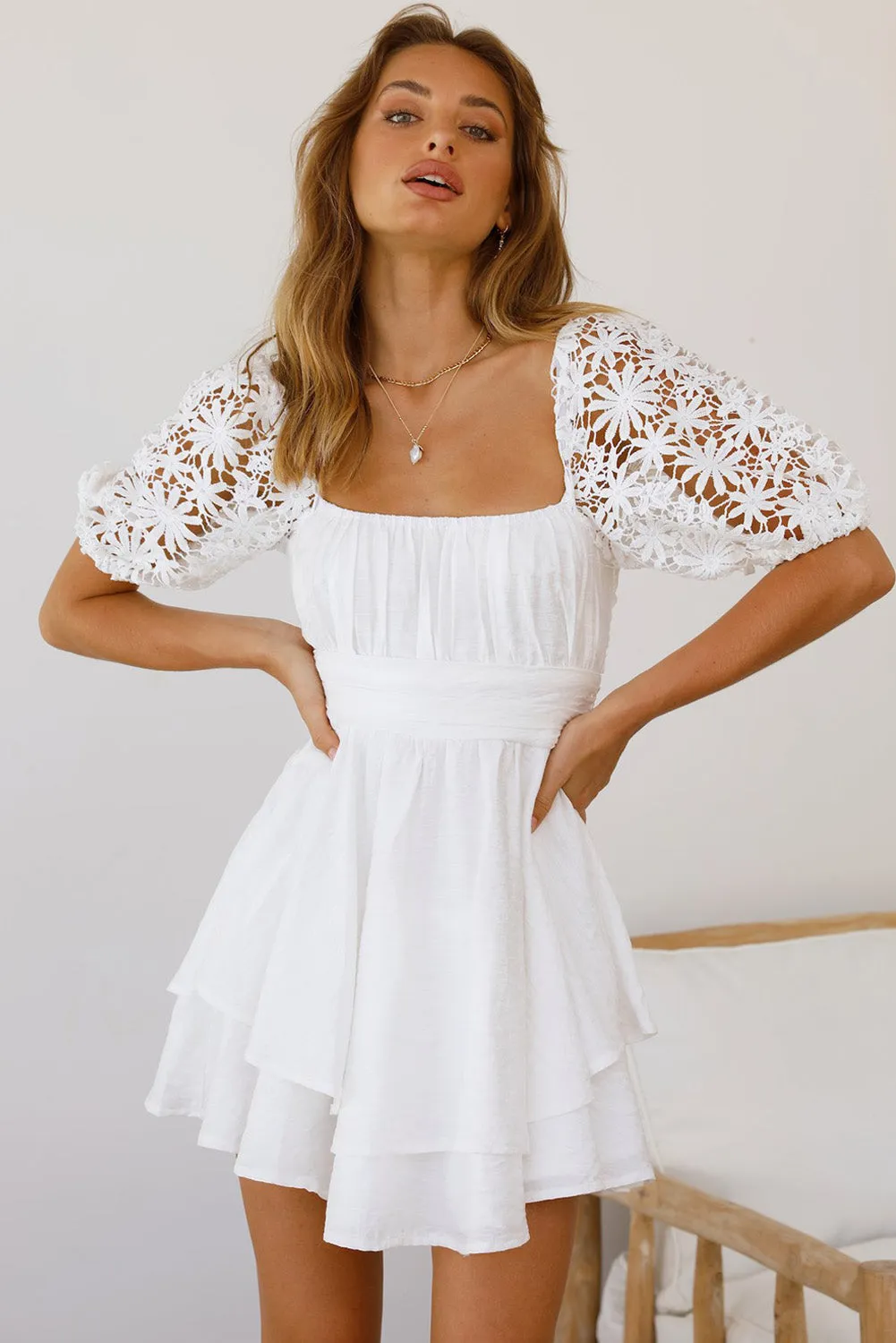 Women's Summer Mini Puff Sleeve Dress Square Neck Lace Ruffle A Line Dress