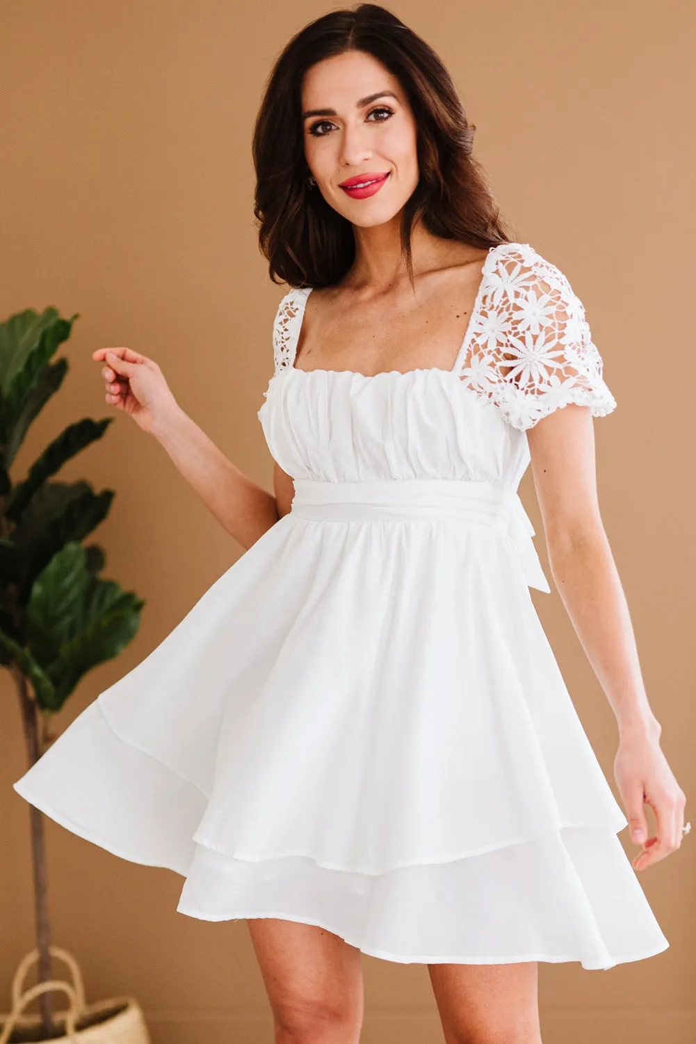 Women's Summer Mini Puff Sleeve Dress Square Neck Lace Ruffle A Line Dress