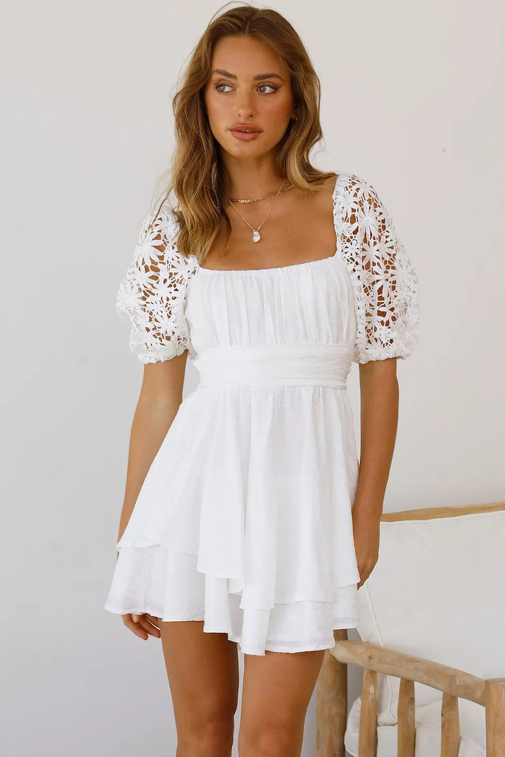 Women's Summer Mini Puff Sleeve Dress Square Neck Lace Ruffle A Line Dress