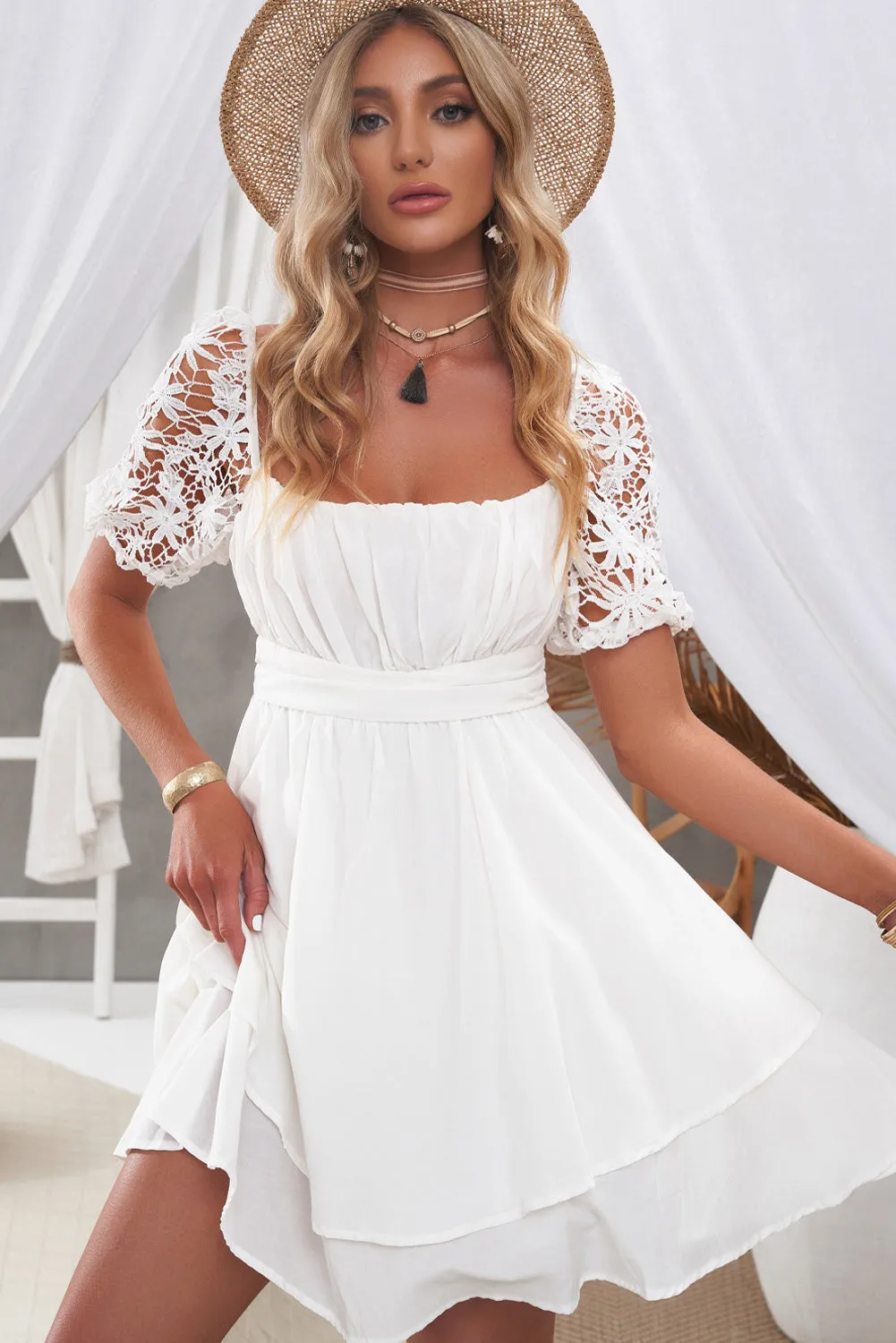 Women's Summer Mini Puff Sleeve Dress Square Neck Lace Ruffle A Line Dress